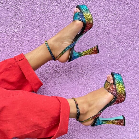 Betsey Johnson Shoes - Betsey Johnson Rainbow Glitter Rhinestone Dress Heels with Platform Pumps SZ9